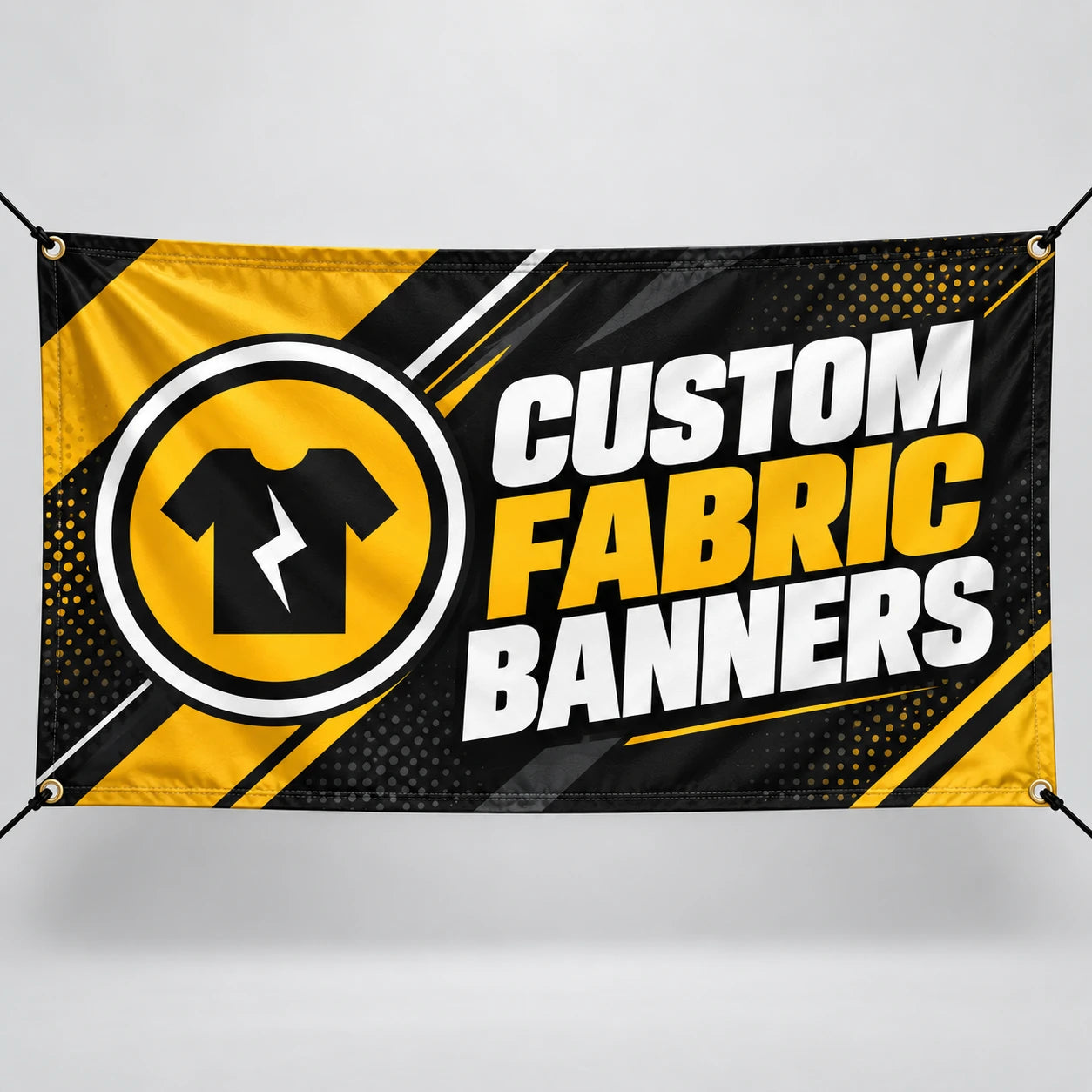 Hanging black and yellow Custom Fabric Banners sign with Instagarment logo