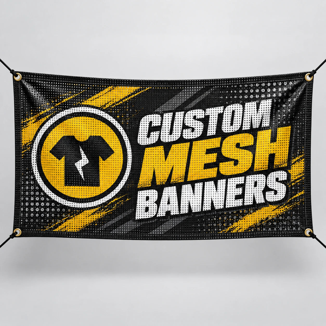 Hanging black Custom Mesh Banners sign with Instagarment logo