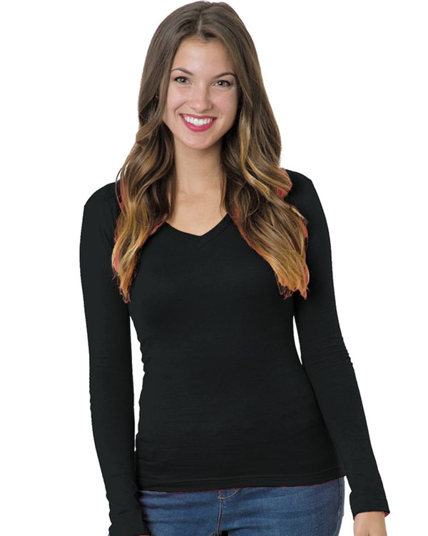 Bayside 3415 Junior's USA-Made Deep V-Neck Long Sleeve T-Shirt