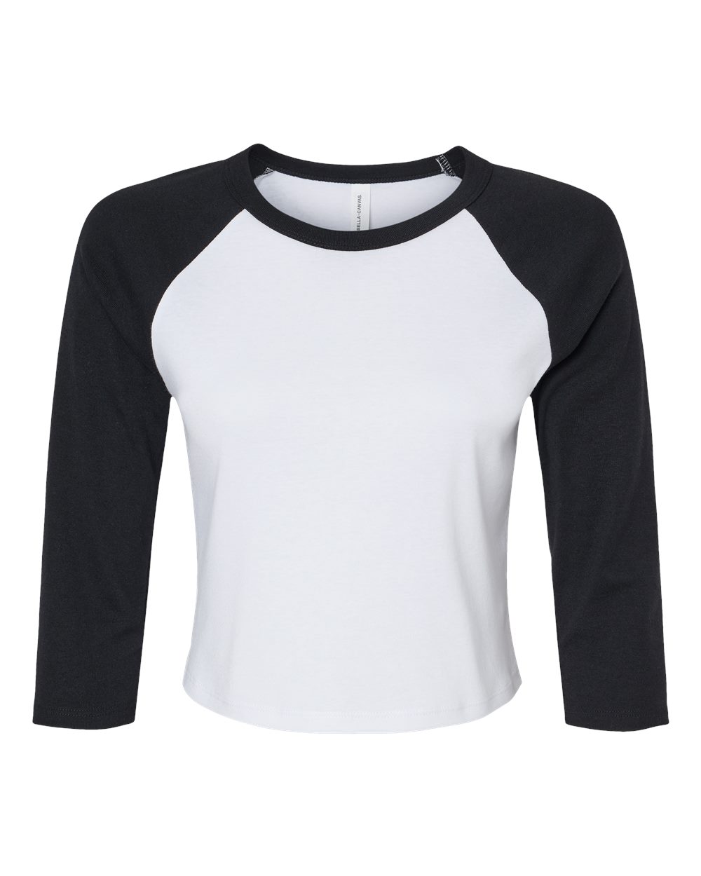 BELLA + CANVAS 1200 Women's Micro Rib Three-Quarter Raglan Sleeve Baby Tee in White/ Black