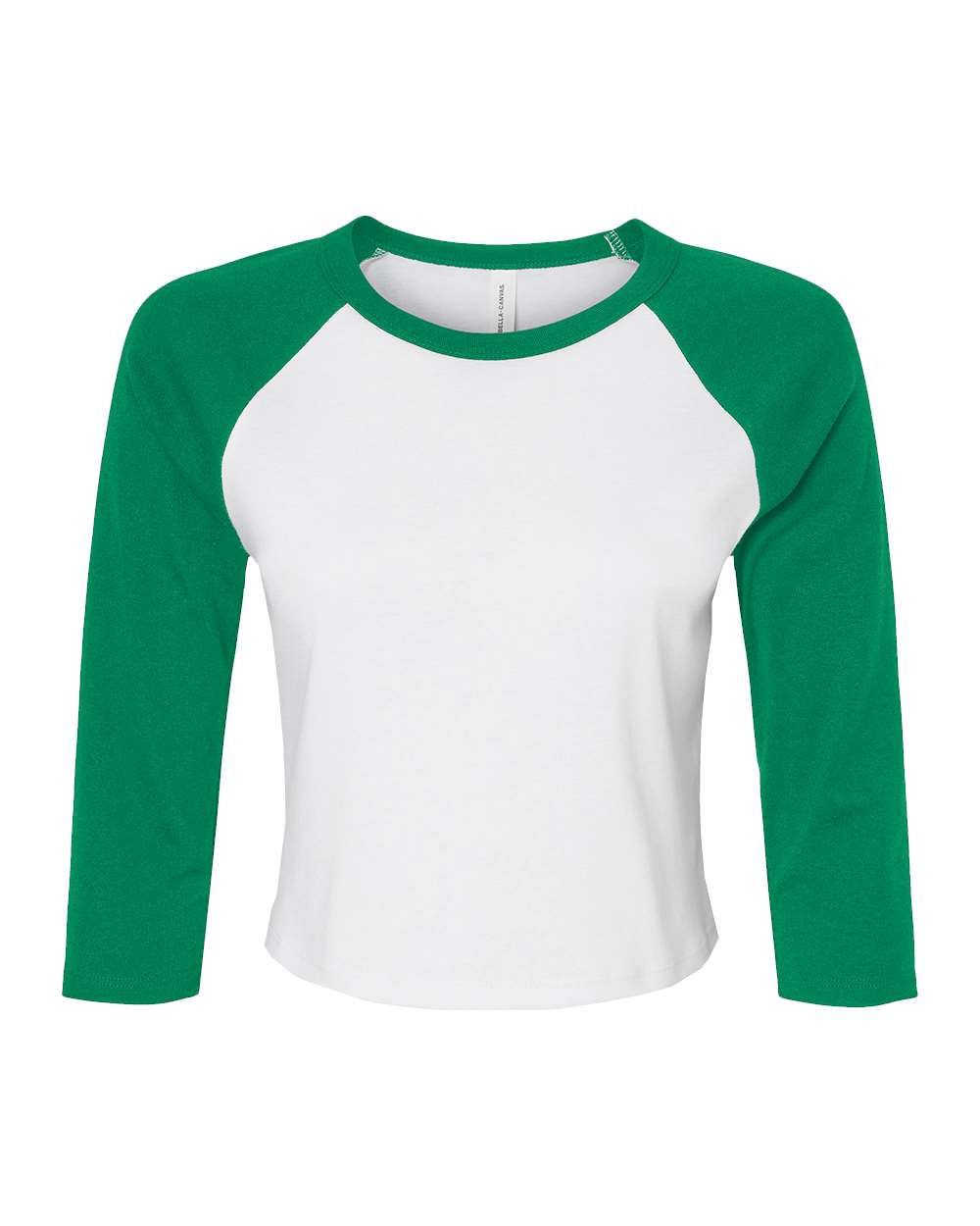 BELLA + CANVAS 1200 Women's Micro Rib Three-Quarter Raglan Sleeve Baby Tee in White/ Kelly