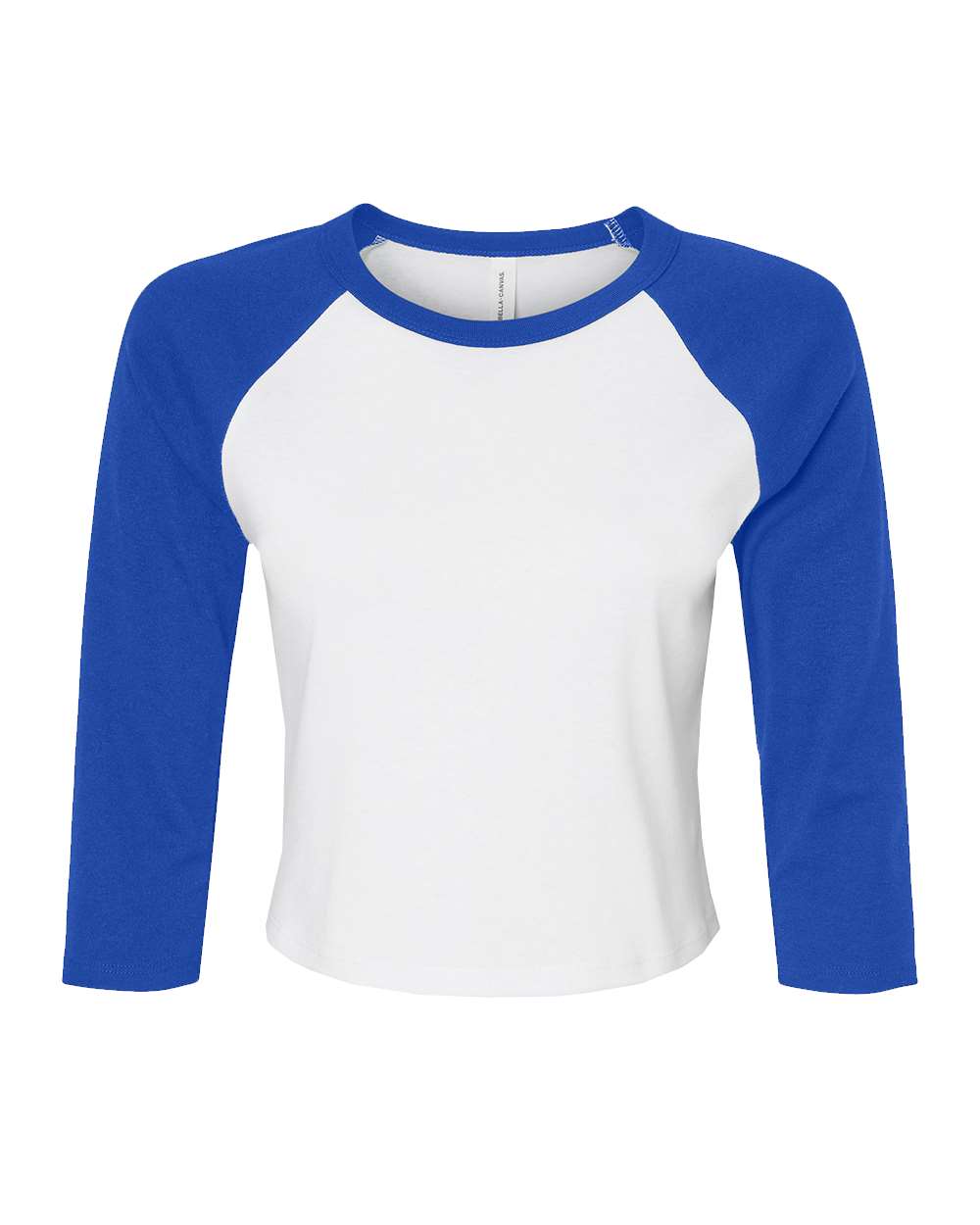 BELLA + CANVAS 1200 Women's Micro Rib Three-Quarter Raglan Sleeve Baby Tee in White/ True Royal