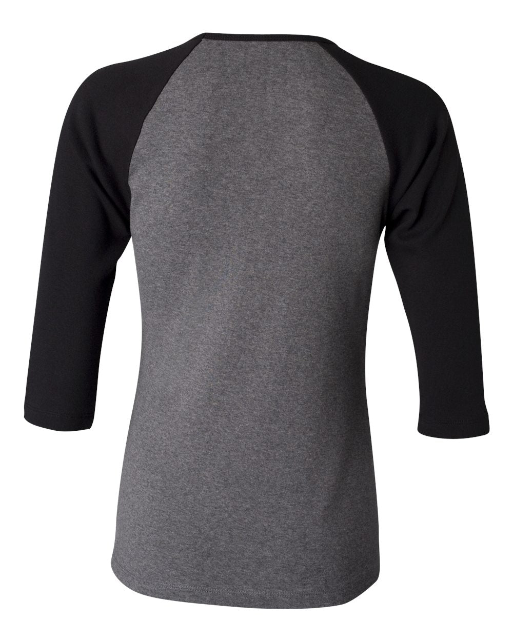BELLA + CANVAS 2000 Women’s 1X1 Baby Rib Raglan Three-Quarter Sleeve Tee in Deep Heather/ Black, back