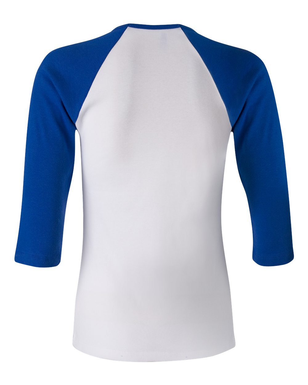 BELLA + CANVAS 2000 Women’s 1X1 Baby Rib Raglan Three-Quarter Sleeve Tee in White/ True Royal, back