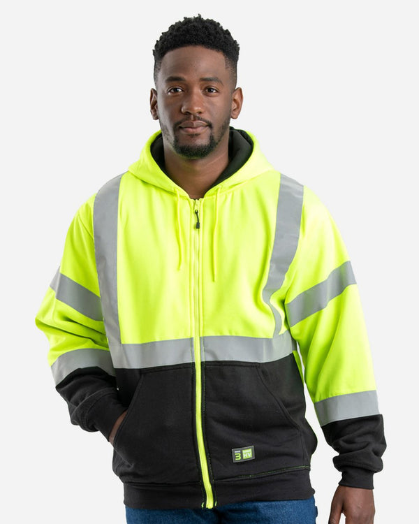 Berne Apparel HVF023T Men's Tall Hi-Vis Class 3 Color Block Full-Zip Hooded Sweatshirt