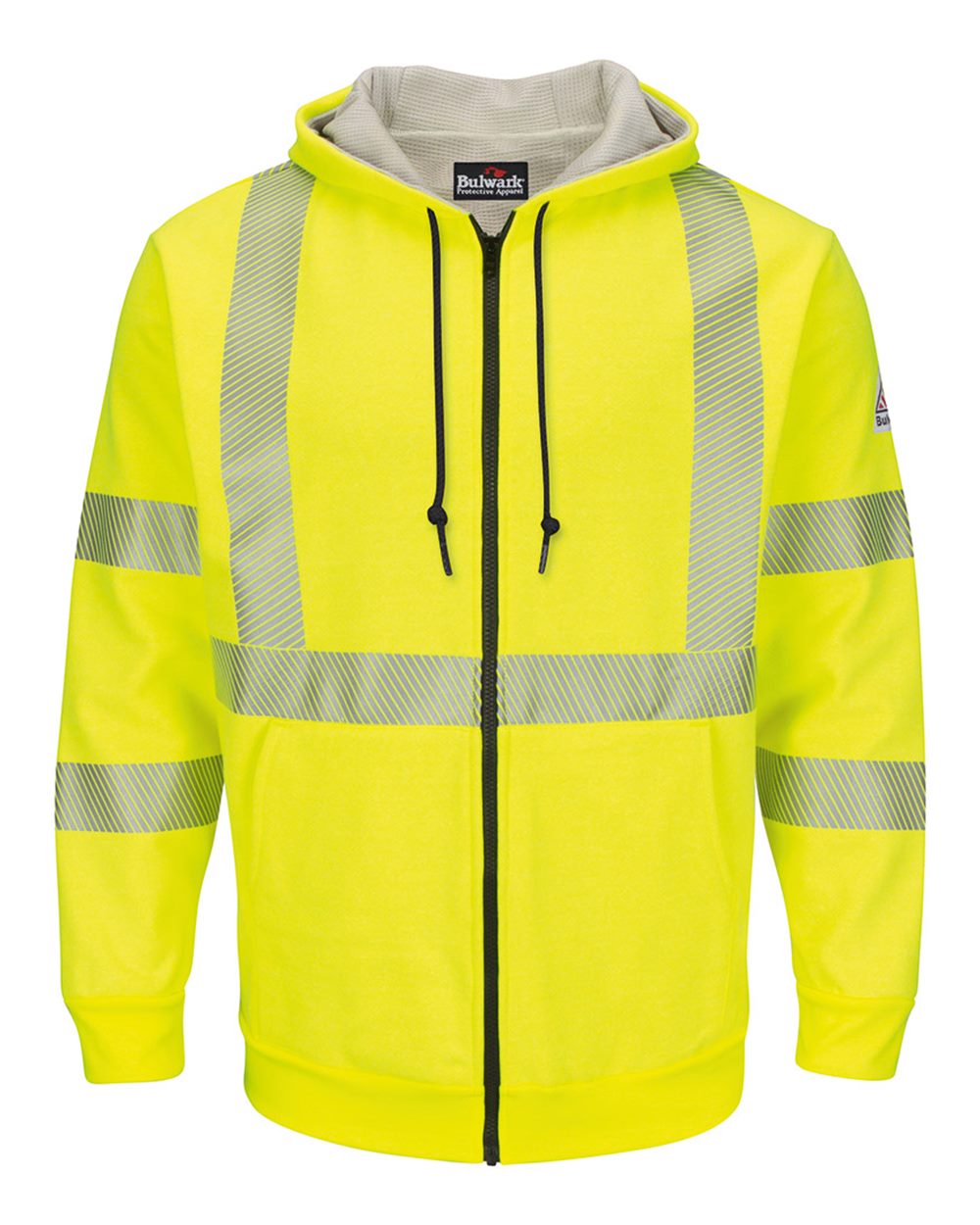 Bulwark SMZ4HV Men's Hi-Visibility Zip-Front Hooded Fleece Sweatshirt with Waffle Lining in Yellow/ Green