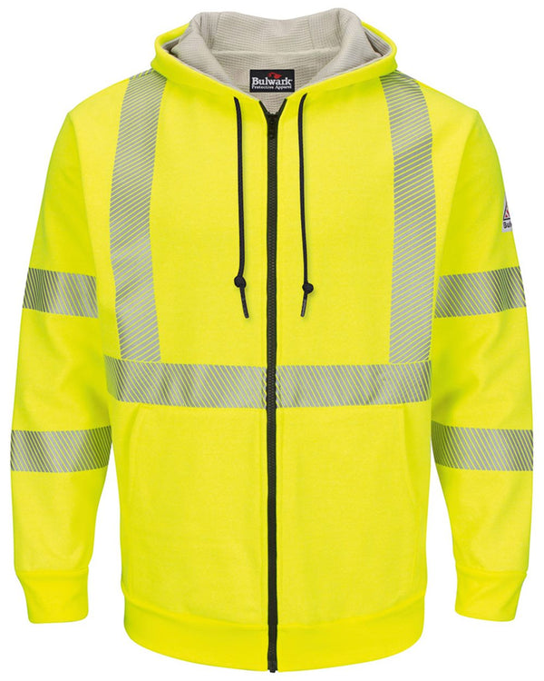 Bulwark SMZ4HV Men's Hi-Visibility Zip-Front Hooded Fleece Sweatshirt with Waffle Lining