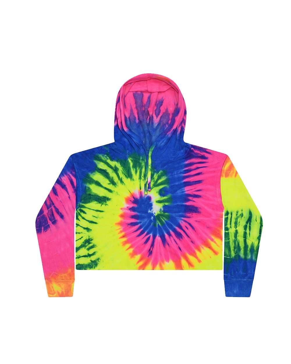 Colortone 8333 Women's Tie-Dyed Crop Hooded Sweatshirt in Neon Rainbow