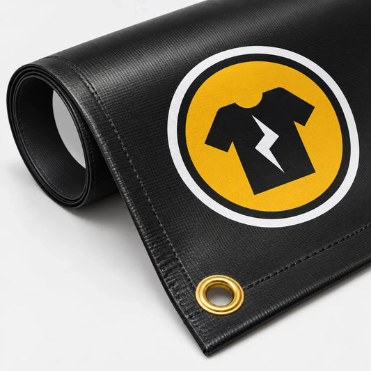 Rolled black custom vinyl banner with Instagarment logo and brass grommet