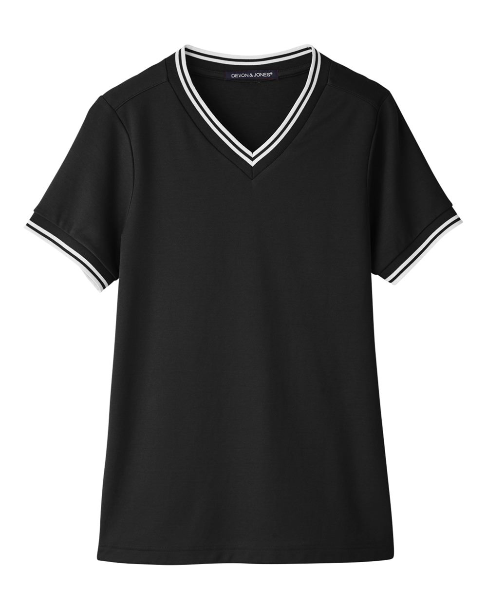 Devon & Jones DG20CW Women's CrownLux Performance® Plaited Tipped V-Neck Shirt in Black/ White