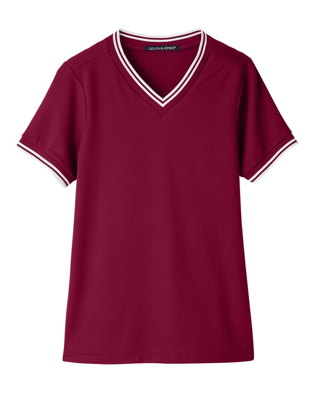 Devon & Jones DG20CW Women's CrownLux Performance® Plaited Tipped V-Neck Shirt in Burgundy/ White
