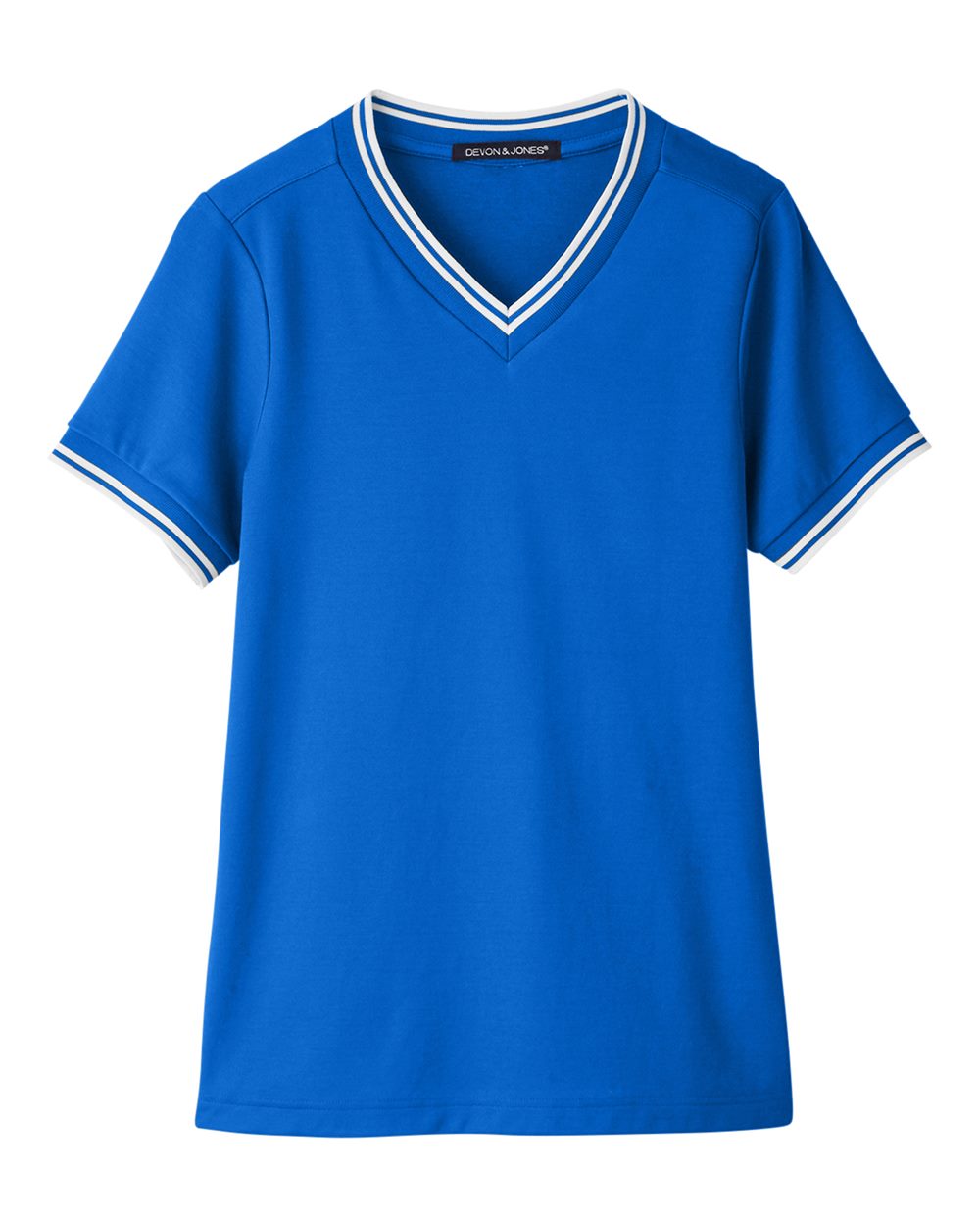 Devon & Jones DG20CW Women's CrownLux Performance® Plaited Tipped V-Neck Shirt in French Blue/ White