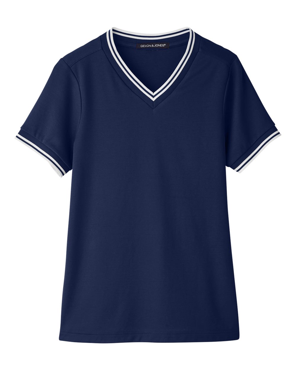 Devon & Jones DG20CW Women's CrownLux Performance® Plaited Tipped V-Neck Shirt in Navy/ White