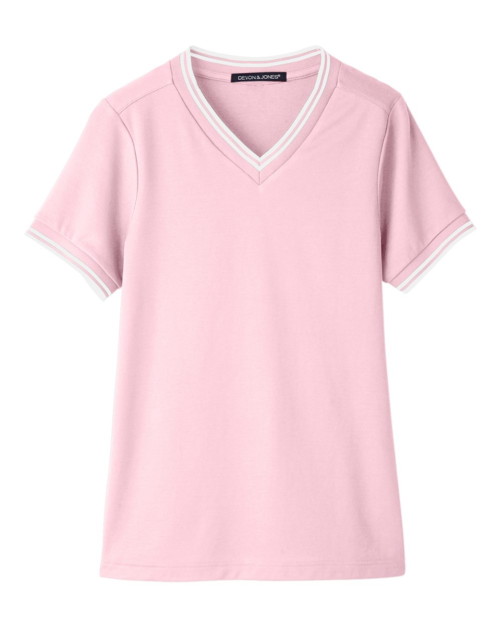 Devon & Jones DG20CW Women's CrownLux Performance® Plaited Tipped V-Neck Shirt in Pink/ White
