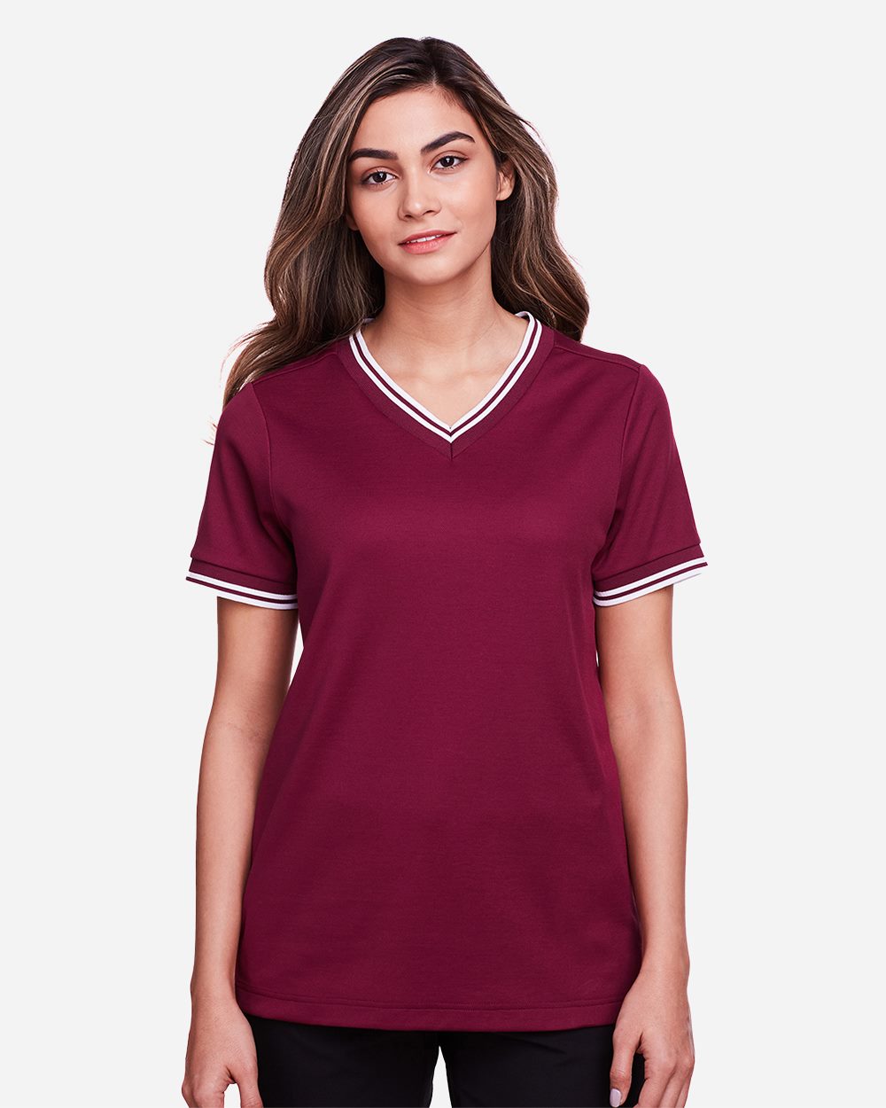 Devon & Jones DG20CW Women's CrownLux Performance® Plaited Tipped V-Neck Shirt