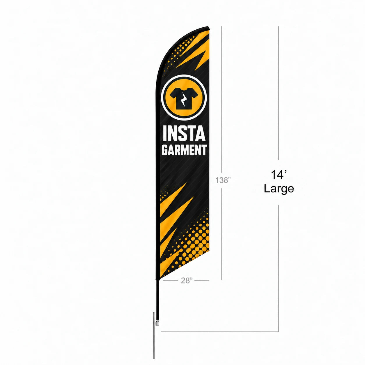 Feather Angled Flag, 14ft Large size, with full dimensions (138in x 28in)