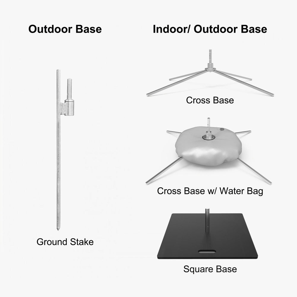 Feather Angled Flag 18ft base hardware options: ground stake, cross base, cross base with water bag, square base