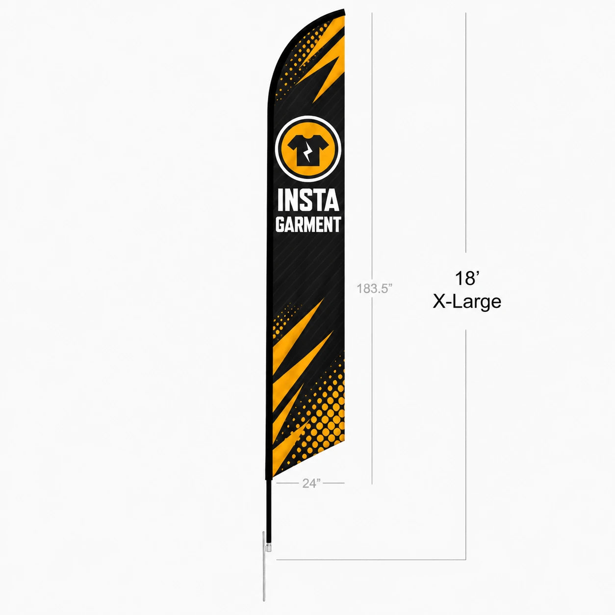 Feather Angled Flag, 18ft X-Large size, with full dimensions (183.5in x 24in)