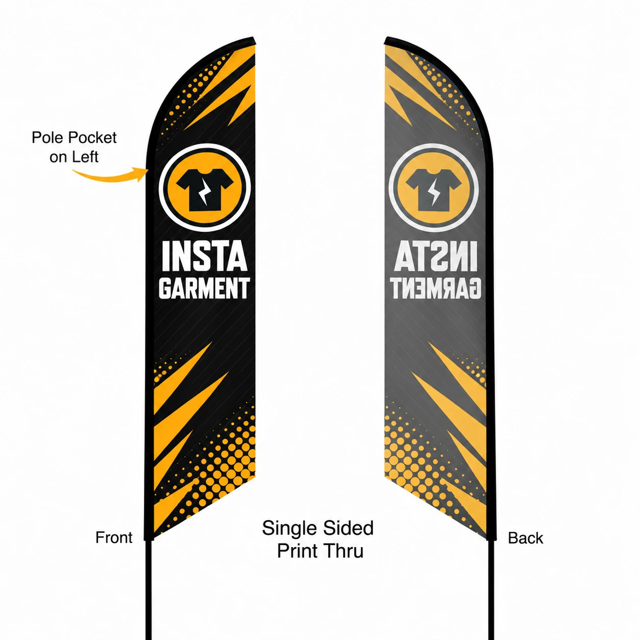 Feather Angled Flag 18ft, Single Sided Print Thru, front and back view