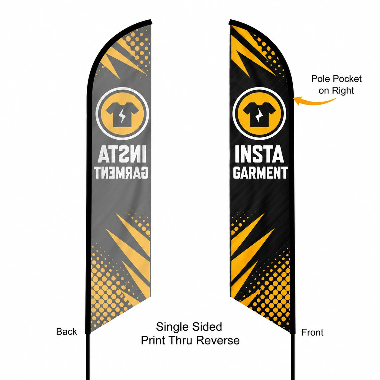 Feather Angled Flag 9ft, Single Sided Print Thru Reverse, front and back view