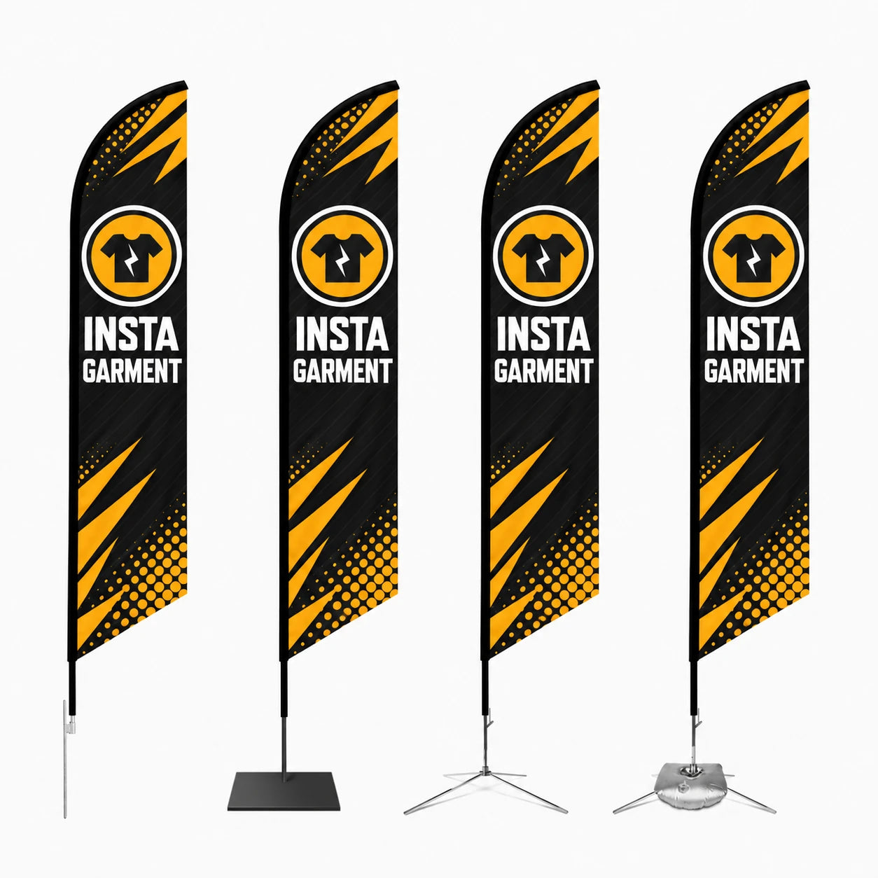 Feather Angled Flag shown with all base options: ground stake, square base, cross base, cross base with water bag