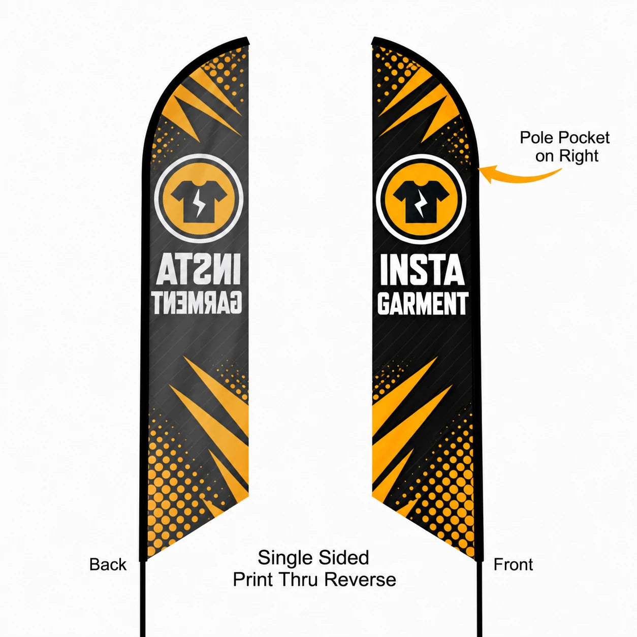 Feather Angled Flag, Single Sided Print Thru Reverse, front and back view
