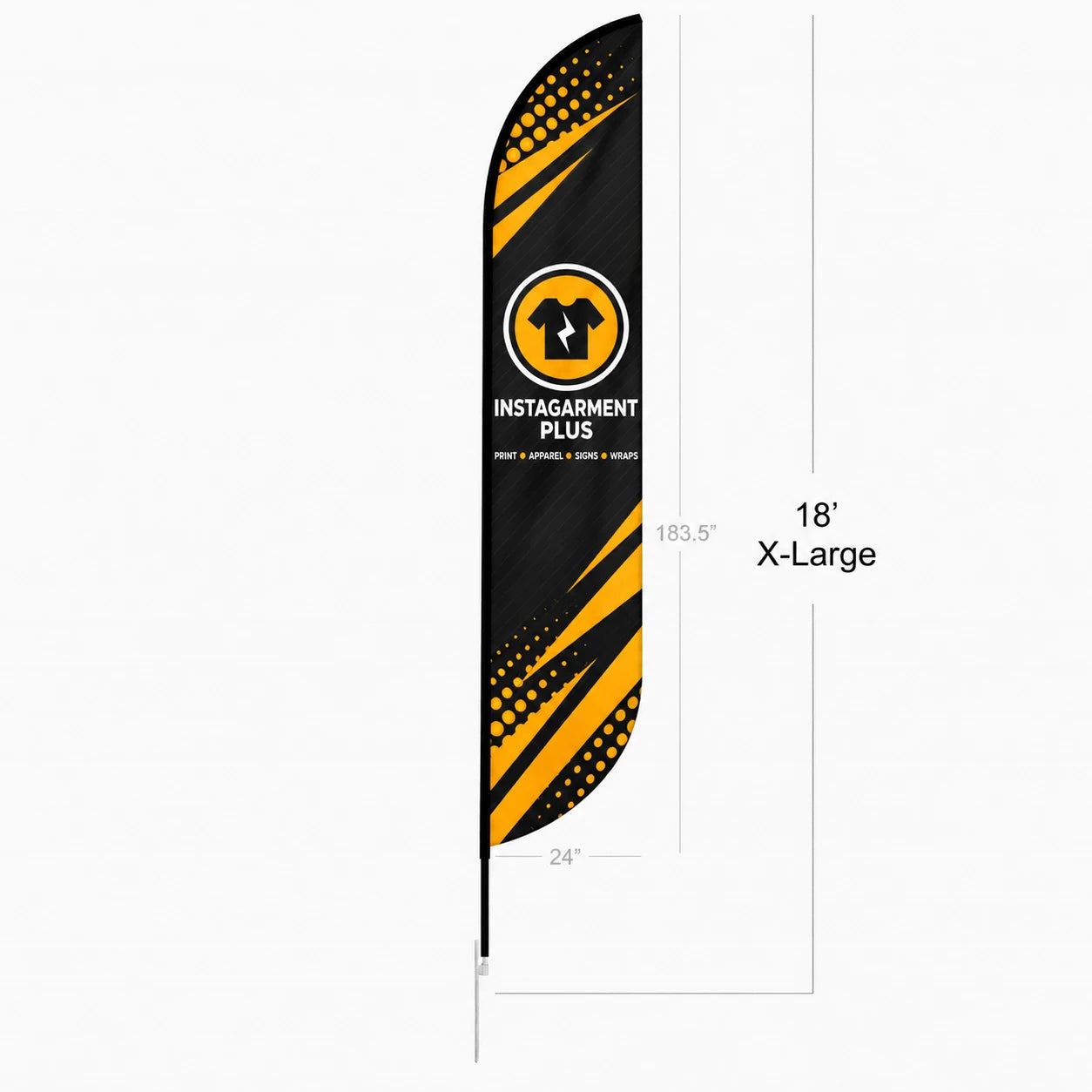 Feather Convex Flag, 18ft X-Large size, with full dimensions (183.5in x 24in)