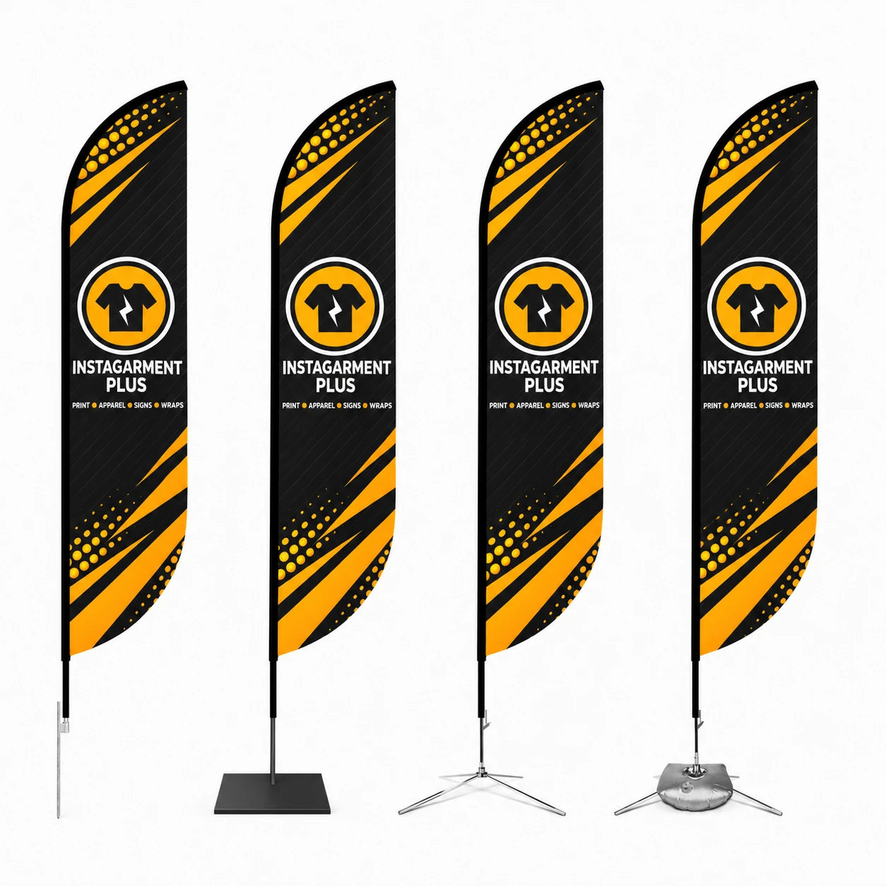 Feather Convex Flag shown with all base options: ground stake, square base, cross base, cross base with water bag