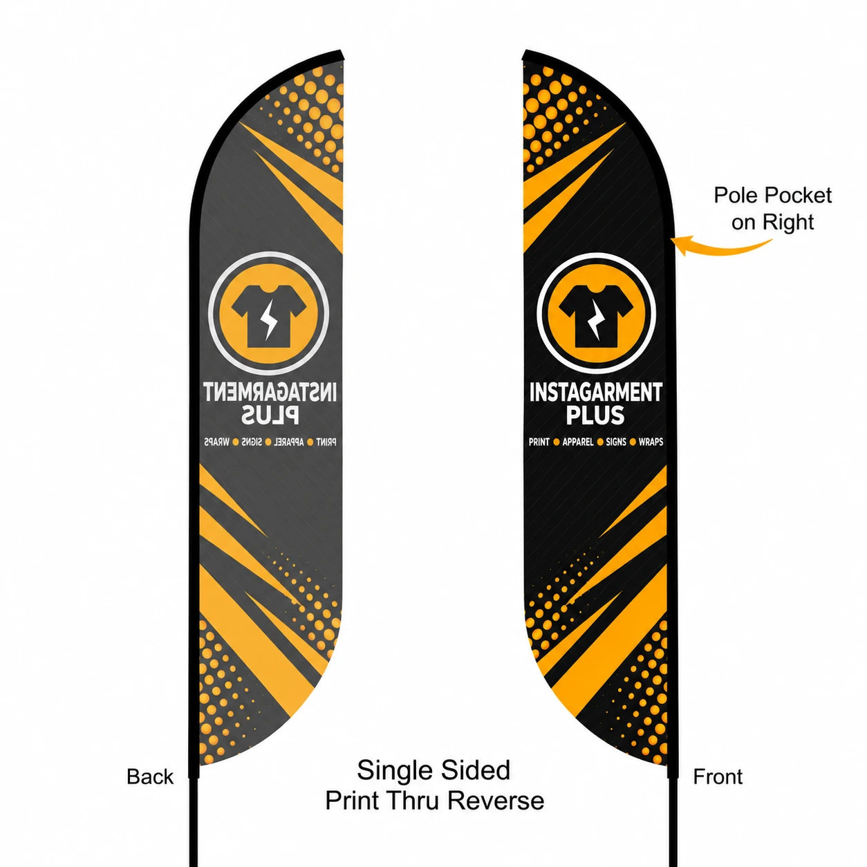 Feather Convex Flag 9ft, Single Sided Print Thru Reverse, front and back view