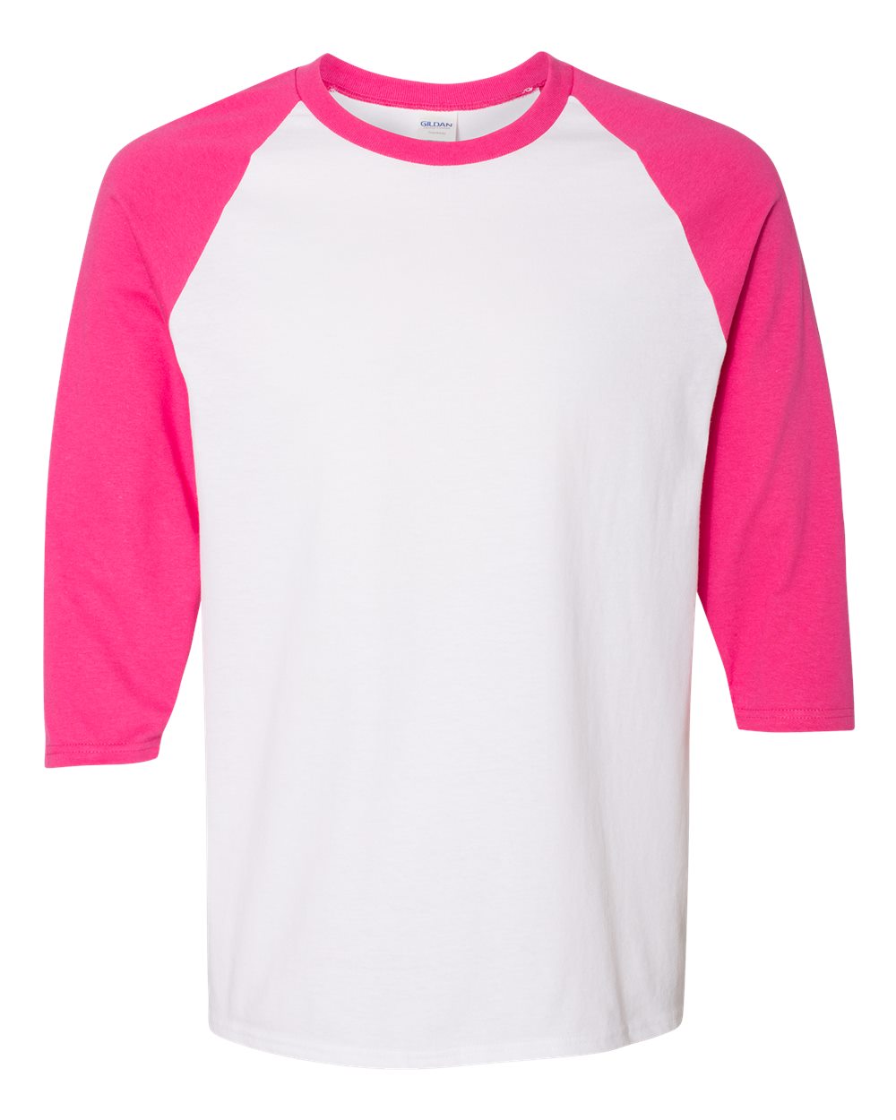 Gildan 5700 Unisex Heavy Cotton™ Raglan Three-Quarter Sleeve T-Shirt in White/ Heliconia