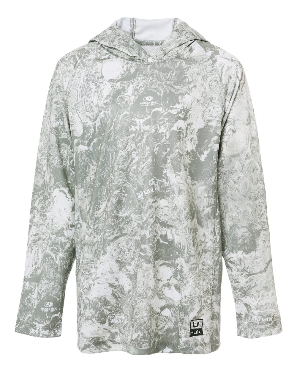 HUK H712L003 Youth Pursuit Mossy Oak Printed Hooded Long Sleeve T-Shirt in Seagrass
