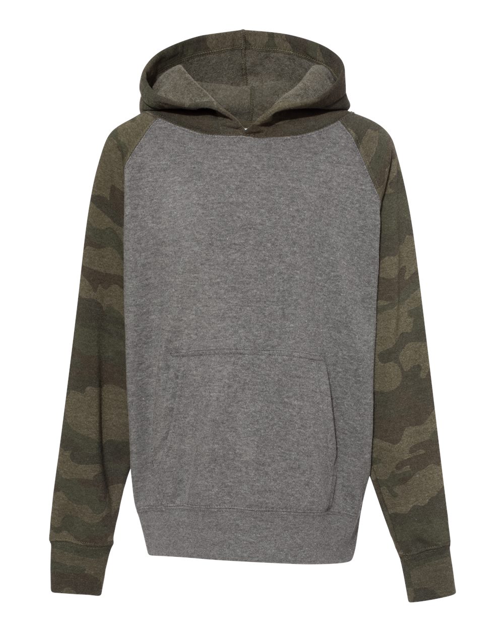 Independent Trading Co. PRM15YSB Youth Lightweight Special Blend Raglan Hooded Sweatshirt in Nickel Heather/ Forest Camo