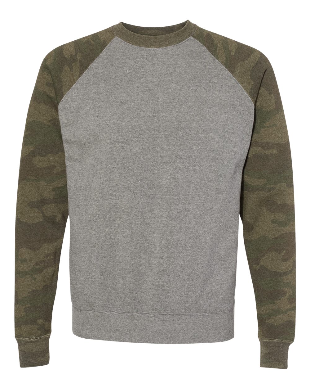 Independent Trading Co. PRM30SBC Unisex Special Blend Raglan Crewneck Sweatshirt in Nickel Heather/ Forest Camo