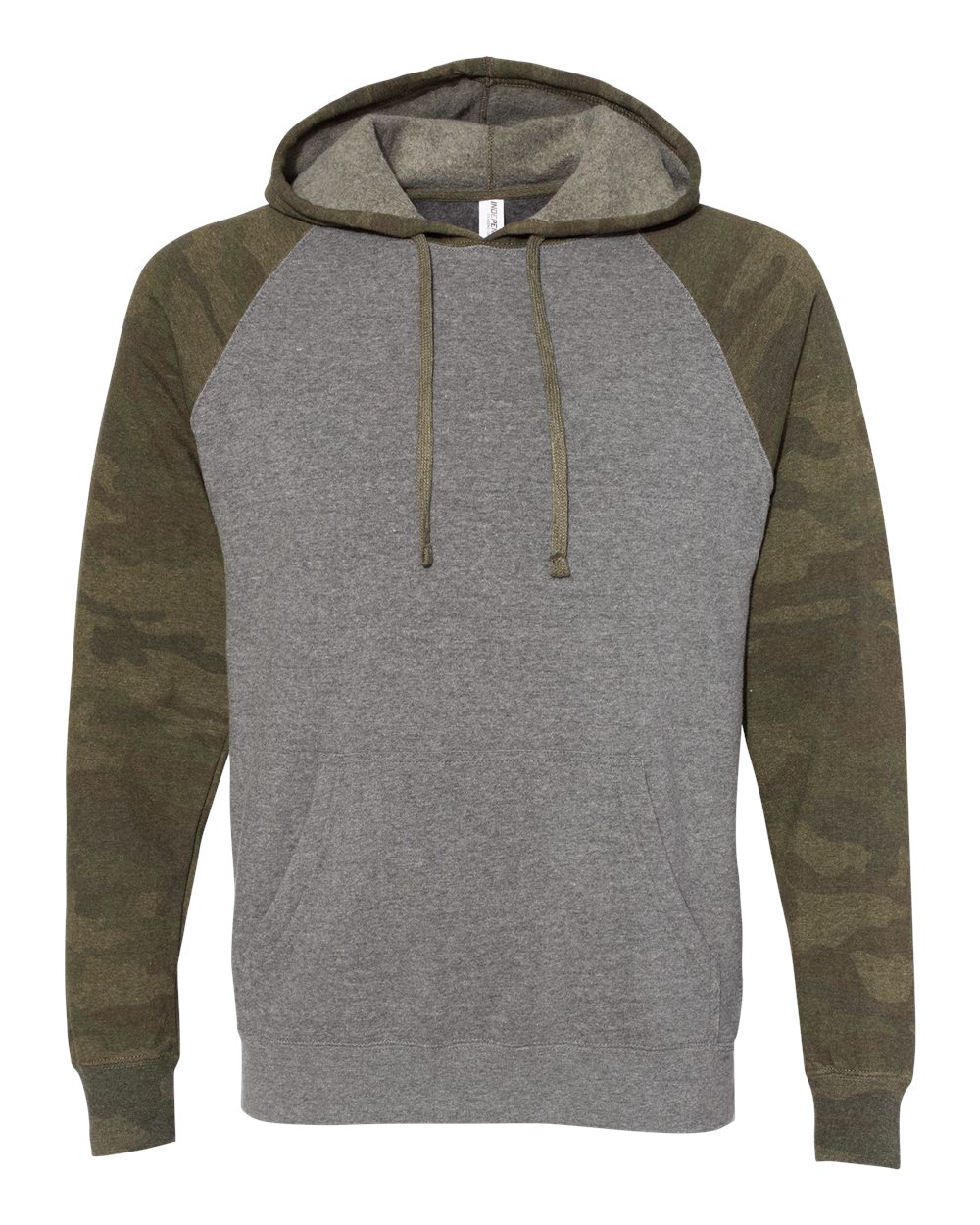 Independent Trading Co. PRM33SBP Unisex Special Blend Raglan Hooded Sweatshirt in Nickel Heather/ Forest Camo