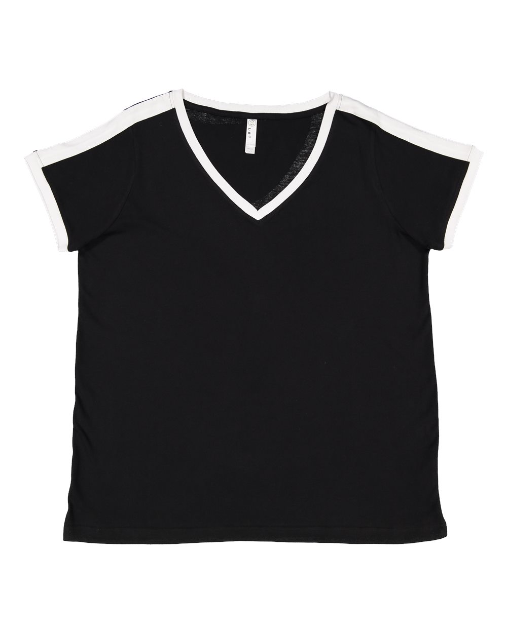 Live & Tell by LAT 3832 Women's Curvy Retro Ringer Premium Jersey V-Neck Tee in Black/ White