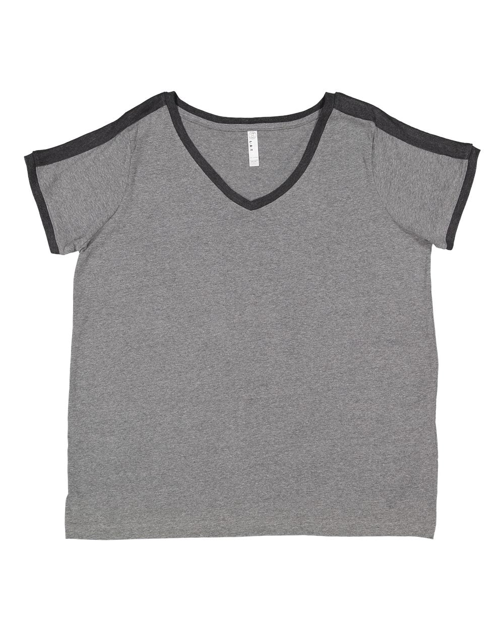 Live & Tell by LAT 3832 Women's Curvy Retro Ringer Premium Jersey V-Neck Tee in Granite Heather/ Vintage Smoke