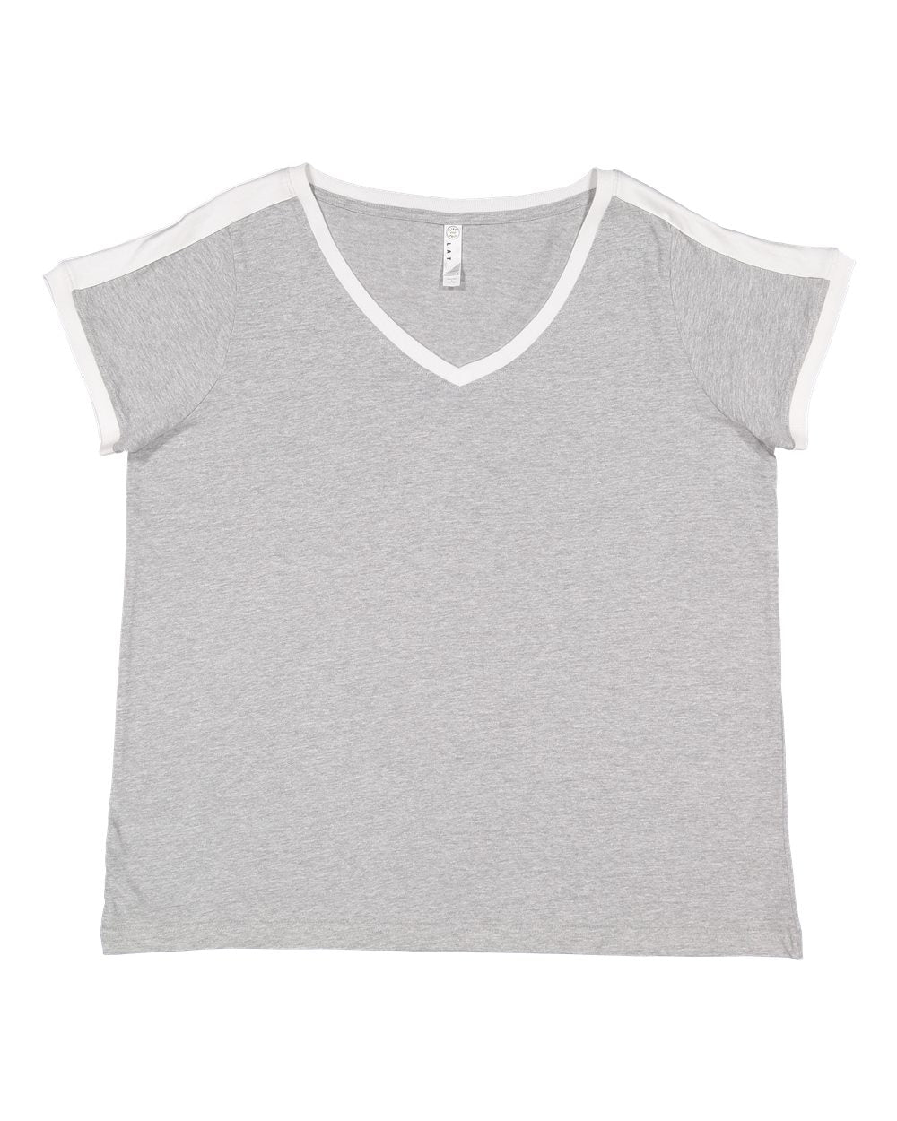 Live & Tell by LAT 3832 Women's Curvy Retro Ringer Premium Jersey V-Neck Tee in Heather/ White
