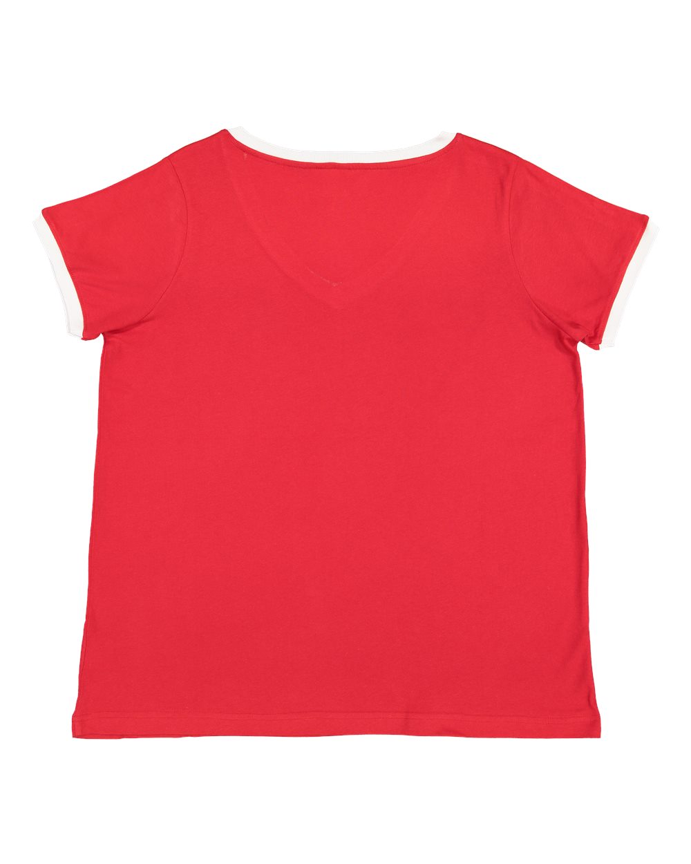 Live & Tell by LAT 3832 Women's Curvy Retro Ringer Premium Jersey V-Neck Tee in Red/ White, back