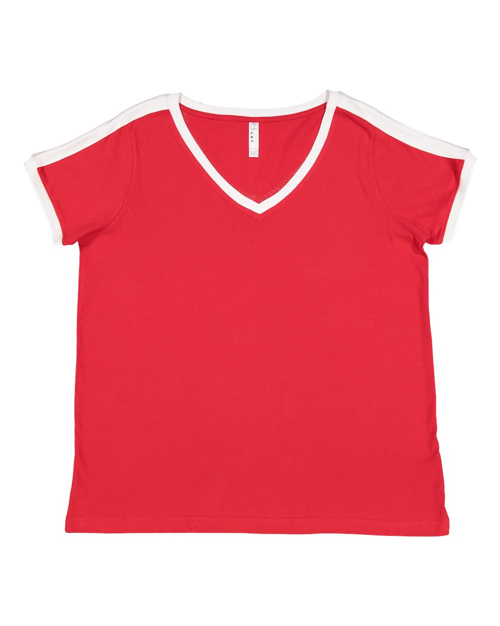 Live & Tell by LAT 3832 Women's Curvy Retro Ringer Premium Jersey V-Neck Tee in Red/ White