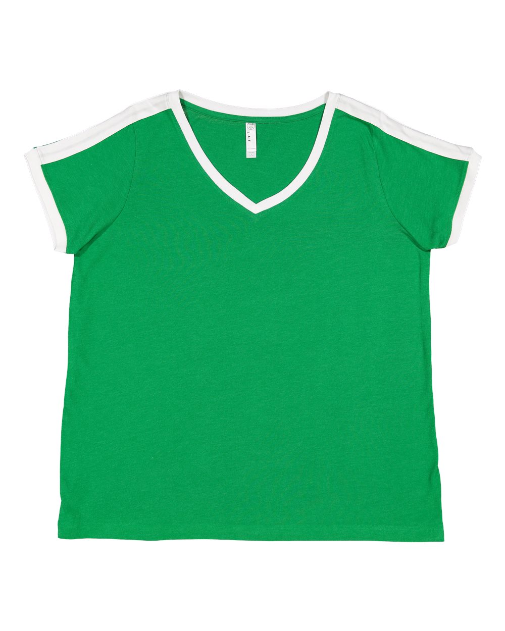 Live & Tell by LAT 3832 Women's Curvy Retro Ringer Premium Jersey V-Neck Tee in Vintage Green/ White