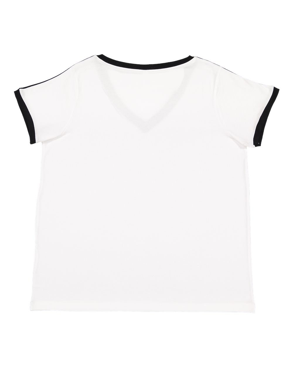 Live & Tell by LAT 3832 Women's Curvy Retro Ringer Premium Jersey V-Neck Tee in White/ Black, back