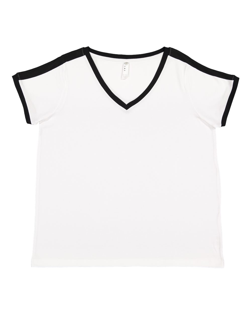 Live & Tell by LAT 3832 Women's Curvy Retro Ringer Premium Jersey V-Neck Tee in White/ Black