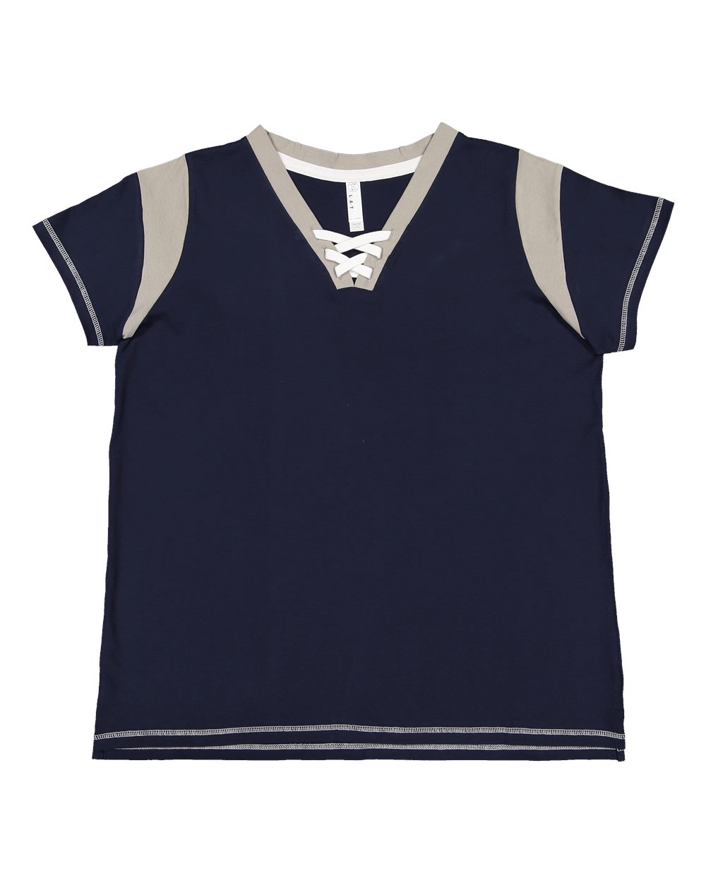 Live & Tell by LAT 3833 Women's Curvy Lace Up Fine Jersey Tee in Navy/ Titanium/ White