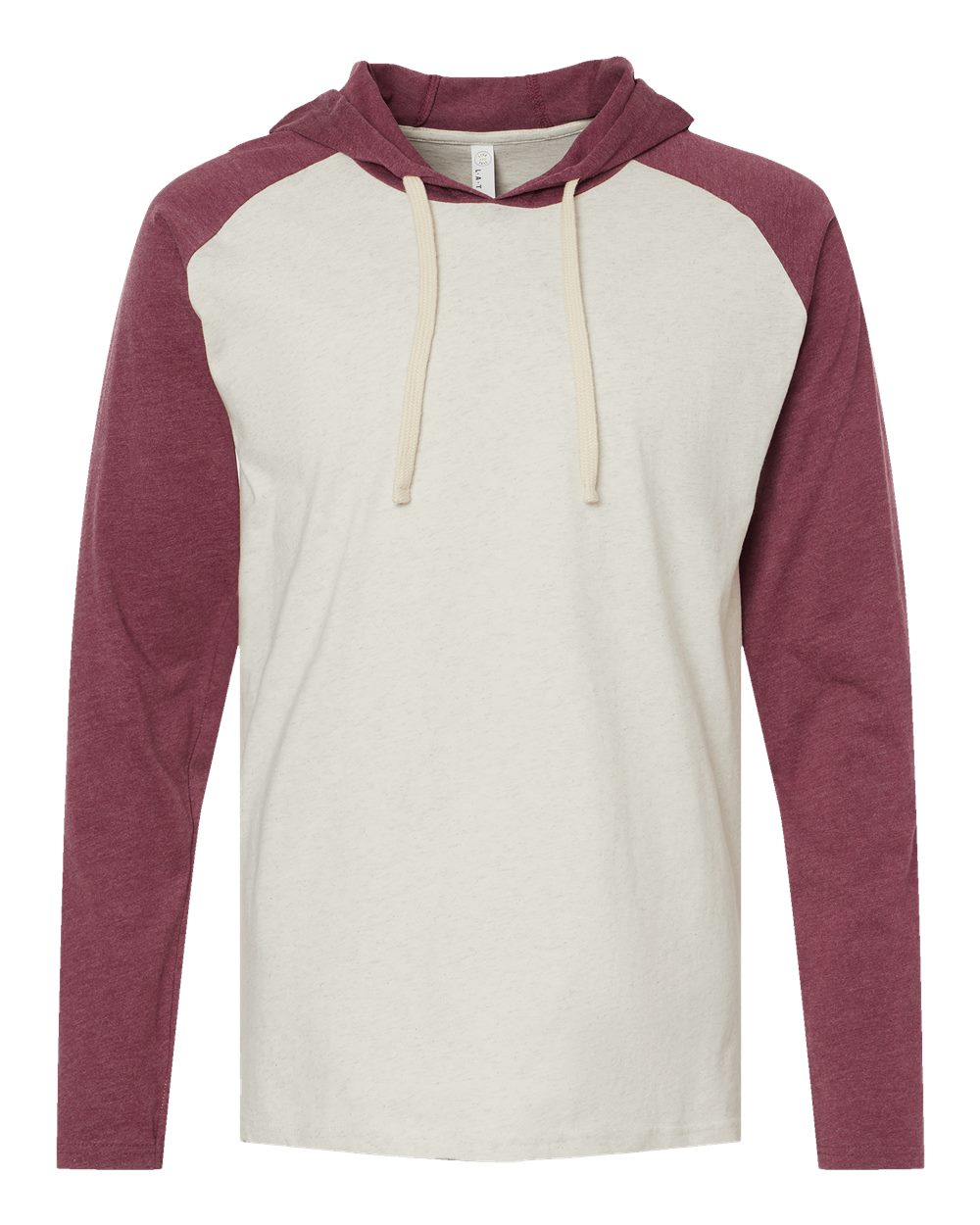 Live & Tell by LAT 6917 Unisex Fine Jersey Hooded Long Sleeve Raglan Tee in Natural Heather/ Vintage Burgundy/ Natural