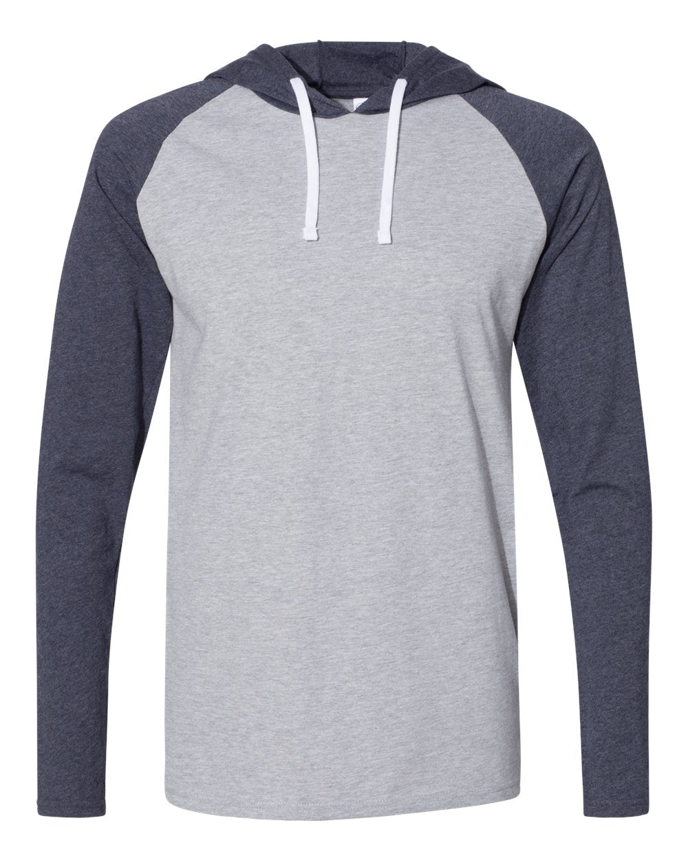 Live & Tell by LAT 6917 Unisex Fine Jersey Hooded Long Sleeve Raglan Tee in Vintage Heather/ Vintage Navy/ White