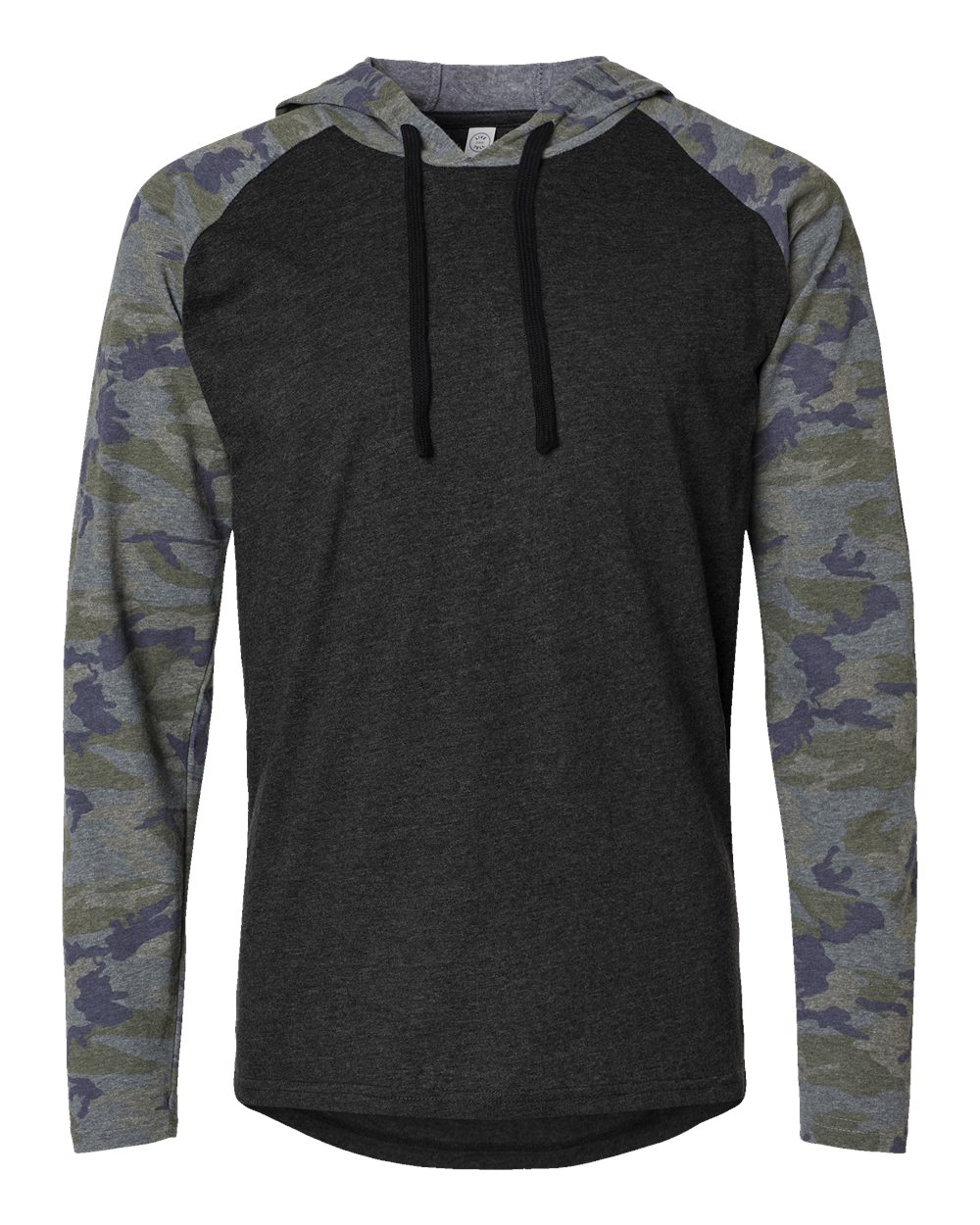Live & Tell by LAT 6917 Unisex Fine Jersey Hooded Long Sleeve Raglan Tee in Vintage Smoke/ Vintage Camo/ Black