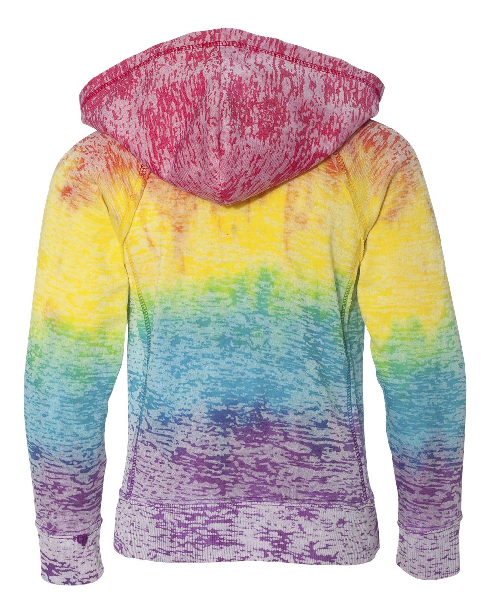 MV Sport W1162Y Girls’ Courtney Burnout V-Notch Hooded Sweatshirt in Rainbow Stripe, back