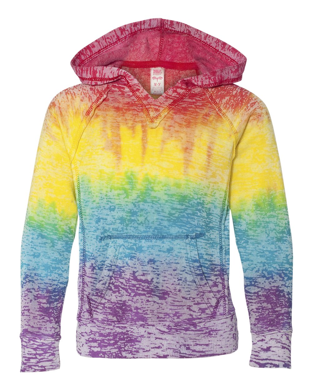 MV Sport W1162Y Girls’ Courtney Burnout V-Notch Hooded Sweatshirt in Rainbow Stripe