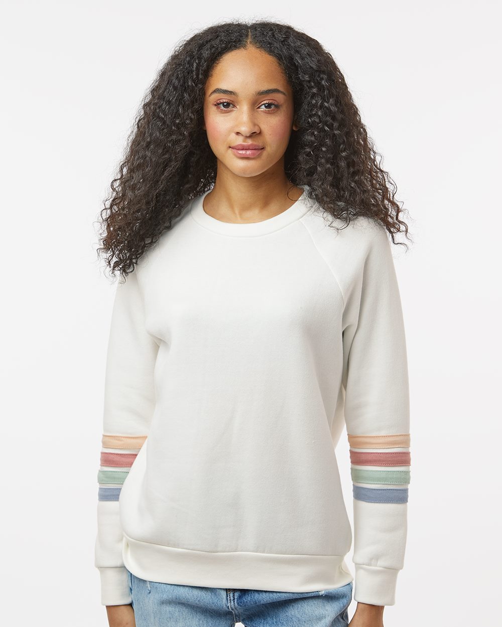 MV Sport W23152 Women's Striped Sleeves Crewneck Sweatshirt
