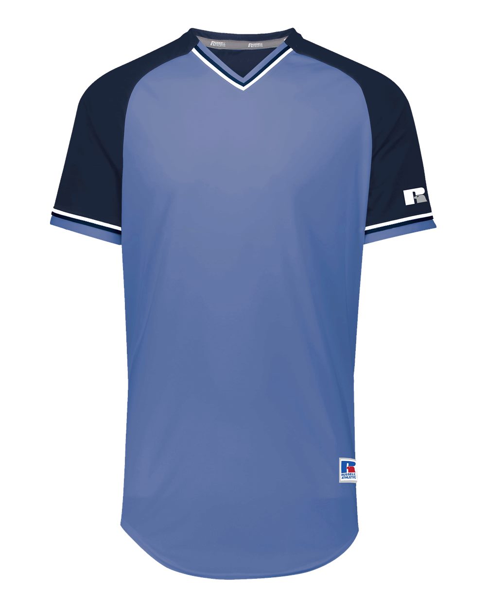 Russell Athletic R01X3M Unisex Classic V-Neck Jersey in Columbia Blue/ Navy/ White